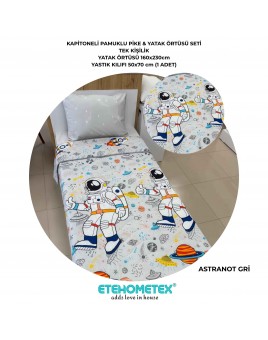 ETEHOMETEX Pamuklu Kapitoneli Yatak Örtüsü Seti TEK KİŞİLİK ASTRANOT GRİ 8696474232103